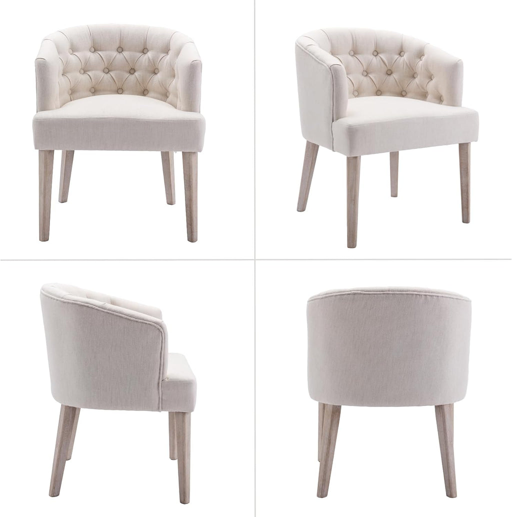 HEAH-YO Modern Dining Chairs Set of 4, Tufted Dining Room Chairs with Barrel Backrests, Upholstered Linen Kitchen Chair for Dining Room, White