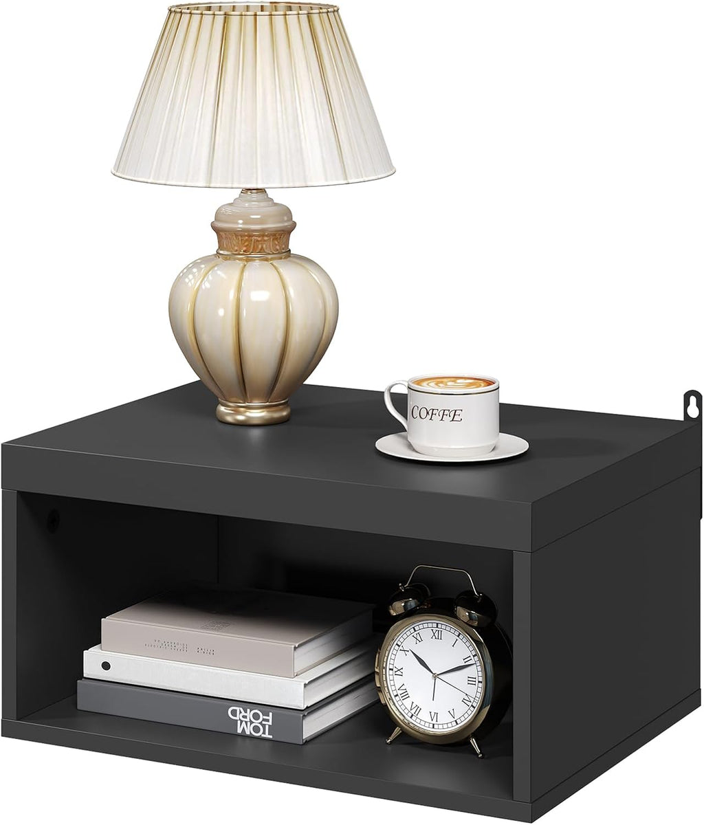 MAHANCRIS Floating Nightstand Set of 2, Wooded Wall Mounted Nightstand, Floating Bedside Table with Open Shelf Cubby, Floating Night Stand Wall Shelf for Bedroom Living Room, Kitchen, Black ETBK4901S2