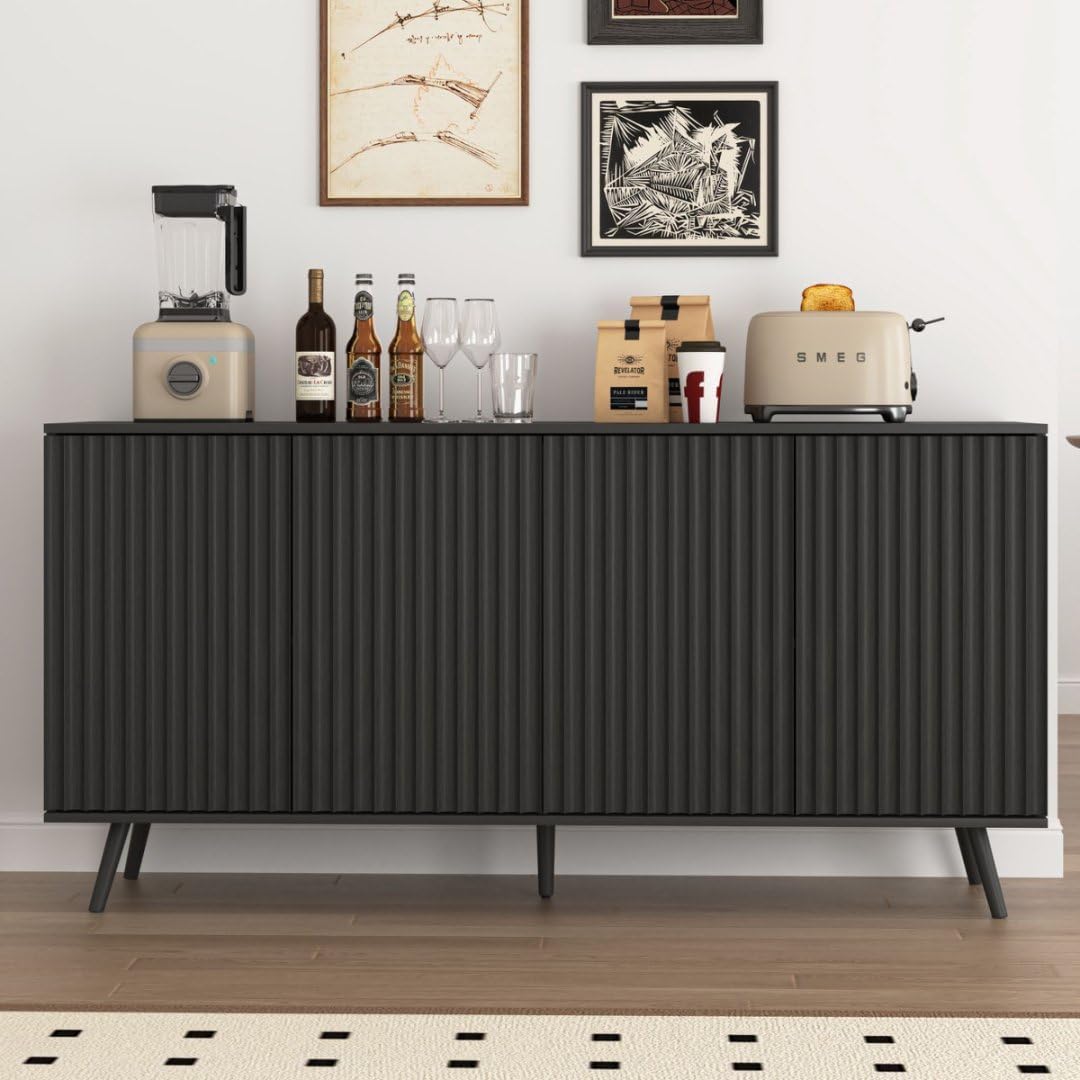 59" Buffet Cabinet with Storage, Modern Kitchen Buffet Sideboard with 4 Doors, Wood Coffee Bar with Adjustable Shelves, Kitchen Storage Cabinet with Adjustable Legs for Living Room (Black)