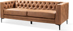 HULALA HOME 84" Faux Leather Sofa, Mid Century Modern 3 Seater Couch, Camel | Button-Tufted Sofa with Metal Legs, Square Armrests, Supportive Cushions, Easy Assembly, for Living Room Bedroom Apartment