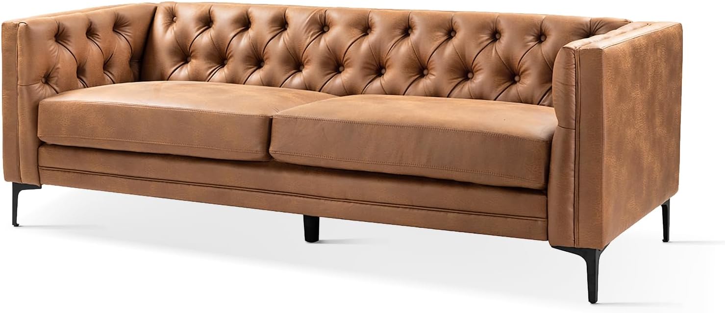 HULALA HOME 84" Faux Leather Sofa, Mid Century Modern 3 Seater Couch, Camel | Button-Tufted Sofa with Metal Legs, Square Armrests, Supportive Cushions, Easy Assembly, for Living Room Bedroom Apartment