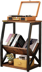MULKHOME 3-Tier Accent End Table with Magazine Holder Shelf, Metal Frame, Scratch-Resistant Top, Small Bookcase, Sofa Side Table for Living Room, Bedroom,Side Table with Book Storage