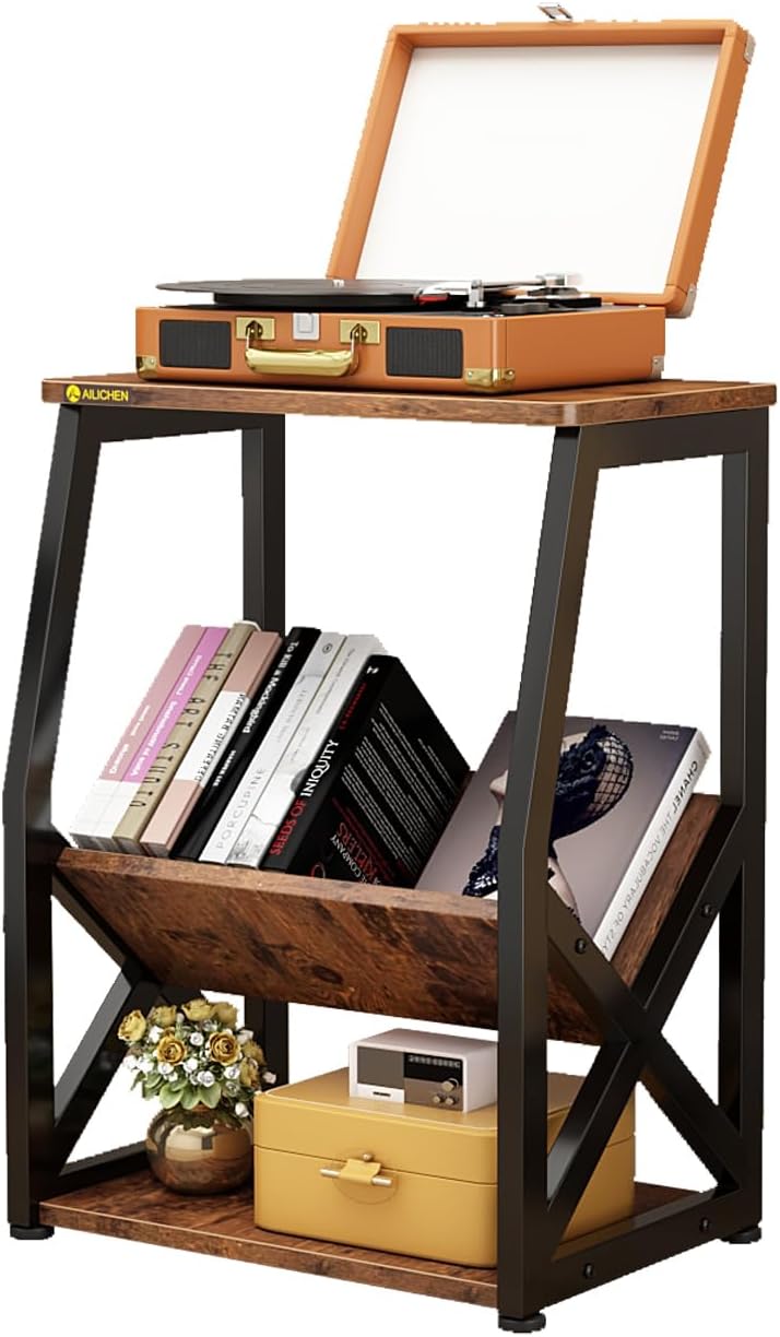 MULKHOME 3-Tier Accent End Table with Magazine Holder Shelf, Metal Frame, Scratch-Resistant Top, Small Bookcase, Sofa Side Table for Living Room, Bedroom,Side Table with Book Storage