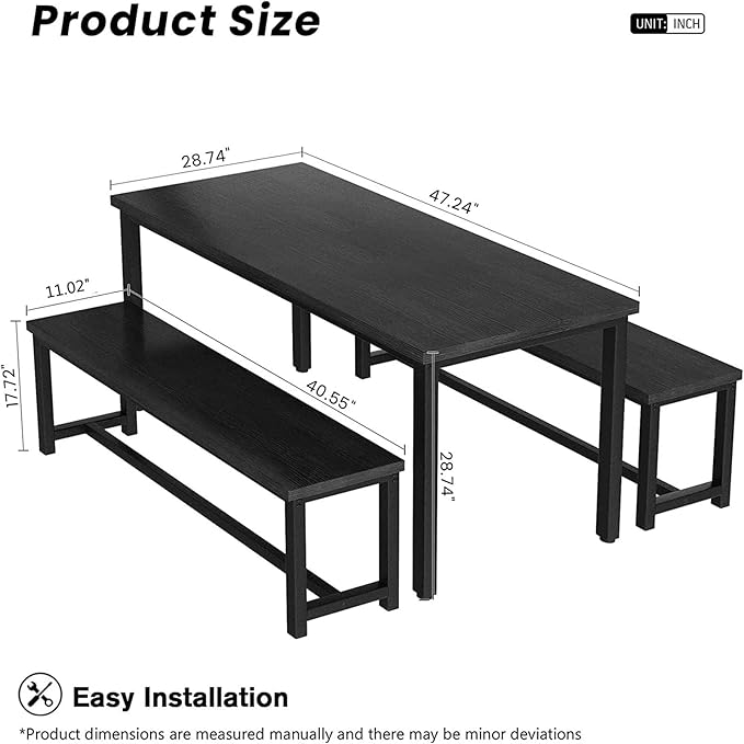 Recaceik Dining Room Table Set with 2 Benches, Kitchen Dining Table Set for 2-4 Person, Space Saving Kitchen Table and Chair Set with Metal Frame for Dining Room, Small Space, Breakfast Nook(Black)