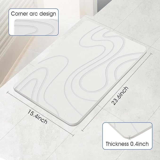 Stone Bath Mat Diatomaceous Earth Shower Mat Non-Slip Super Absorbent Diatomite Stone Mats for Bathroom Floor/Kitchen Counter Quick Drying Natural Easy to Clean(23.6''×15.4" White)