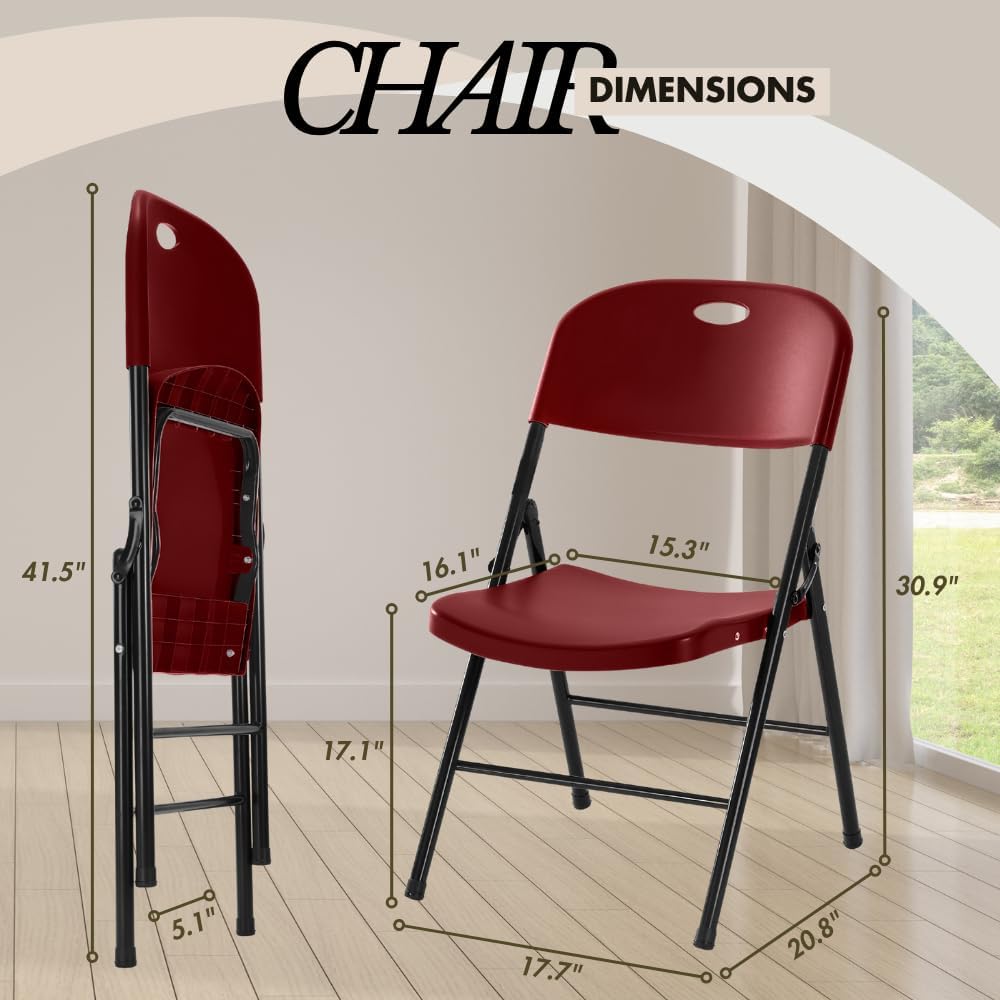 2-Pack Heavy Duty Plastic Folding Chair, 300 lbs Capacity Foldable Chairs for Indoor Outdoor, Stackable Portable Seating for Party, Wedding, Patio, Backyard, Office (Red)