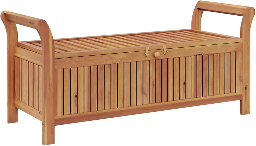 Gecheer Garden Storage Bench with Cushion, Solid Wood Acacia 126 cm Outdoor Seat with Storage Space for Patio Garden Backyard
