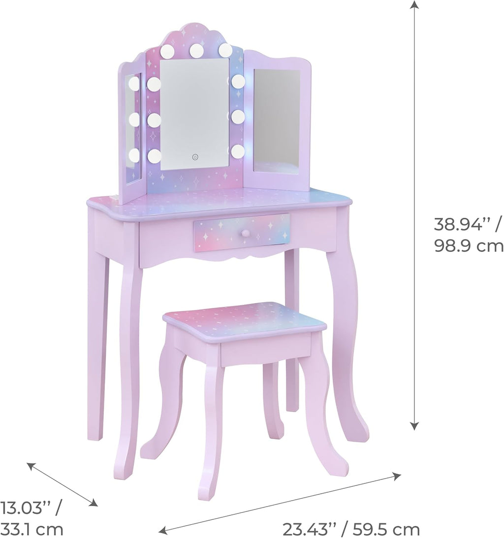 Teamson Kids Gisele Medium Vanity with Stool, Purple, Ages 3+ | Stardust Print, LED Lights & Touch Sensor Mirror, Storage Drawer, Pretend Play, Elegant Dressing Table Set