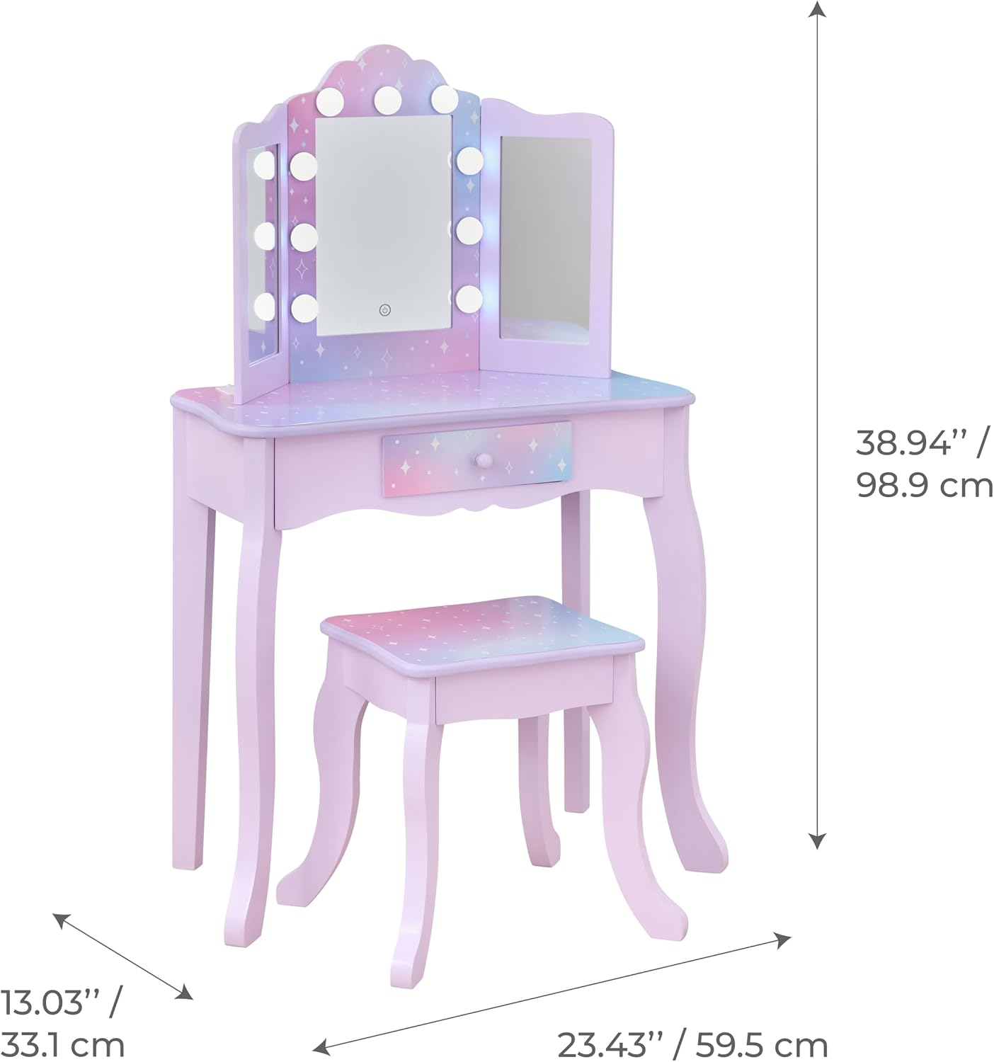 Teamson Kids Gisele Medium Vanity with Stool, Purple, Ages 3+ | Stardust Print, LED Lights & Touch Sensor Mirror, Storage Drawer, Pretend Play, Elegant Dressing Table Set