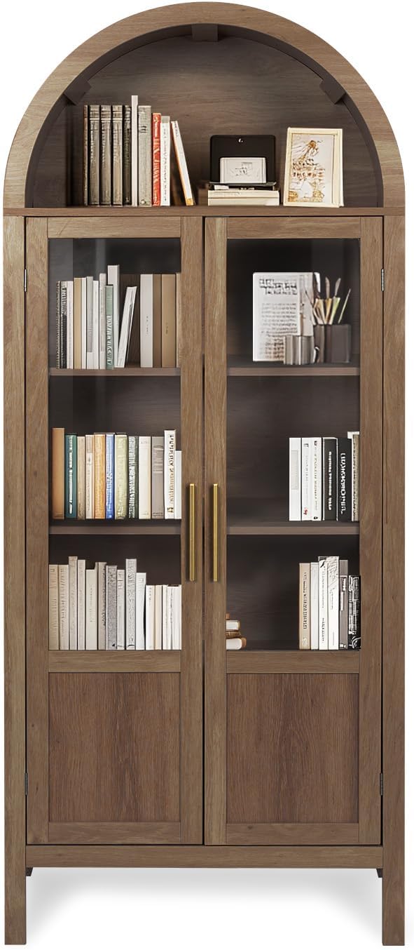 Arched Storage Cabinet with 2 Doors and 5-Tier Shelves for Living Room, 71" Tall Wooden Pantry Cabinet for Dining Room and Kitchen, Floor Bathroom Organizer, Brown