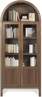 Arched Storage Cabinet with 2 Doors and 5-Tier Shelves for Living Room, 71" Tall Wooden Pantry Cabinet for Dining Room and Kitchen, Floor Bathroom Organizer, Brown