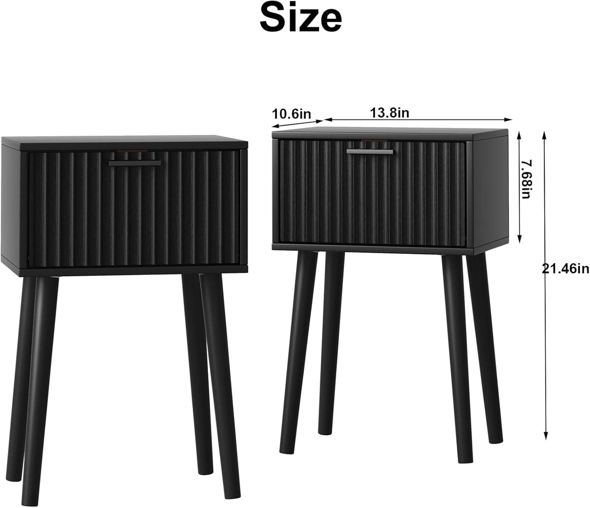 LAATOOREE Nightstands Set of 2, Small Side Table, Bedside Table with Fluted Door, Solid Wood Feet, Modern Mid-Century End Table for Bedroom, Small Space, Black