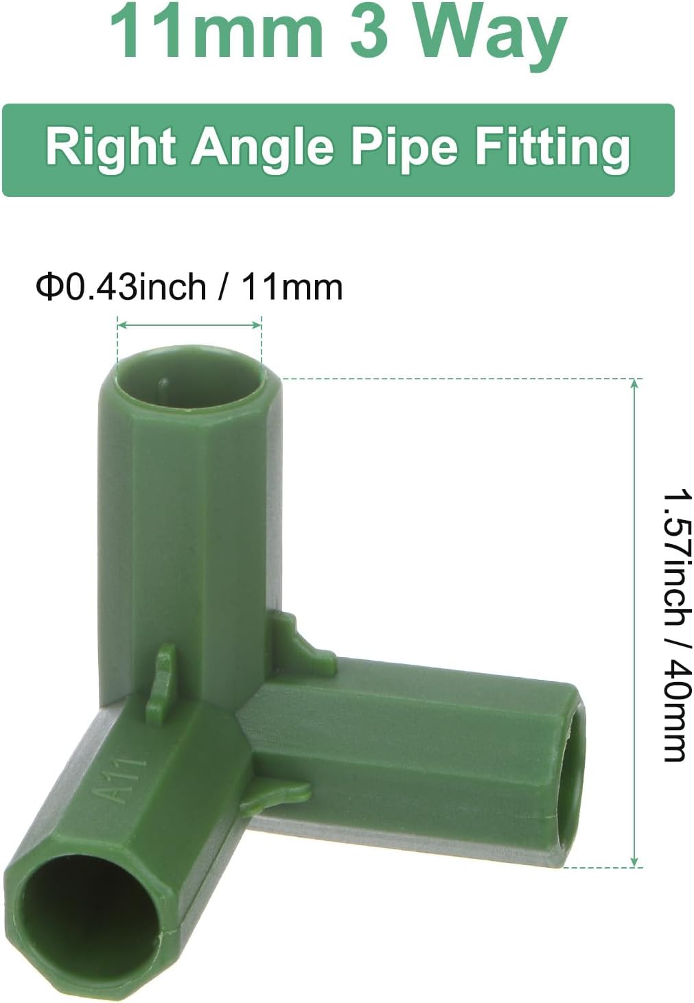 4 Pcs 11mm Greenhouse Frame Building Connectors, 3 Way Right Angle Pipe Fitting for Grape Trellis/Sunscreen Shed/Gardening Plant Stakes, Greenhouse Accessories [Green]