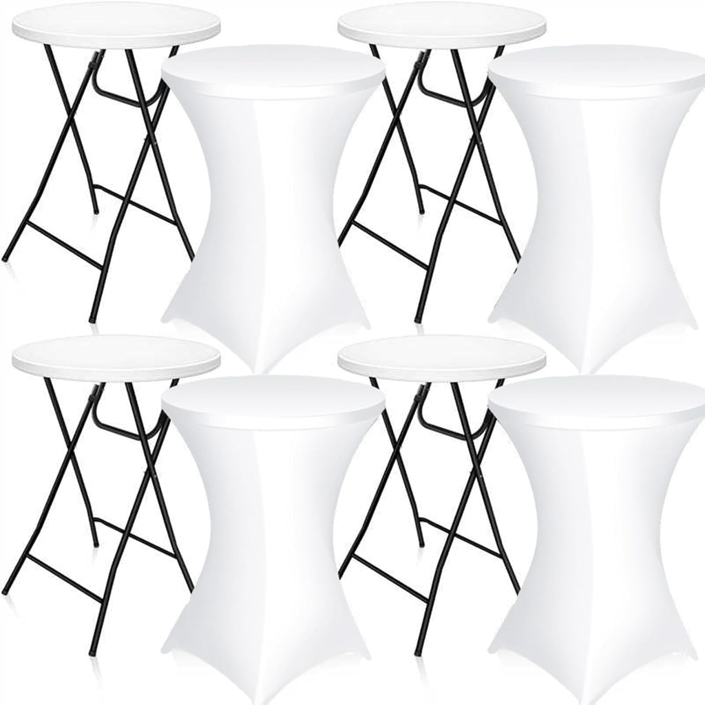 Wenqik 4 Pcs 32'' High Top Cocktail Table White Round Bar Height Folding Table with Removable Legs and 4 Pcs 32x43'' Cocktail Tablecover Spandex Stretch