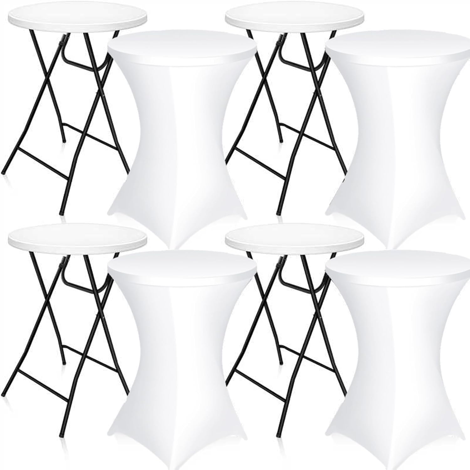 Wenqik 4 Pcs 32'' High Top Cocktail Table White Round Bar Height Folding Table with Removable Legs and 4 Pcs 32x43'' Cocktail Tablecover Spandex Stretch