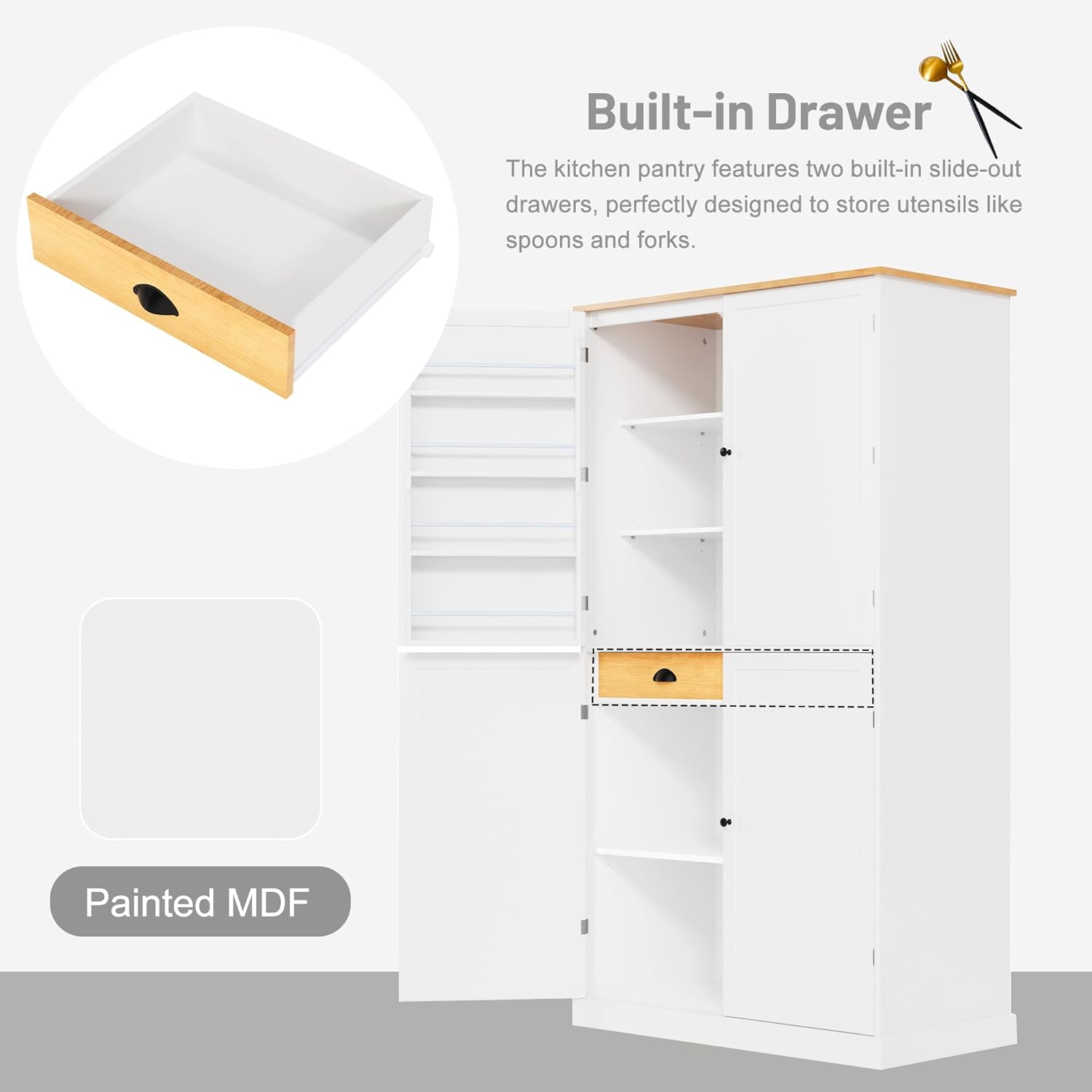 RUNNA 40.2x20x71.3inch High Freestanding Kitchen Pantry Large Cupboard Storage Cabinet with 2 Drawers, 2 Adjustable Shelves, 8 Door Shelves for Kitchen, Dining Room (White#046)