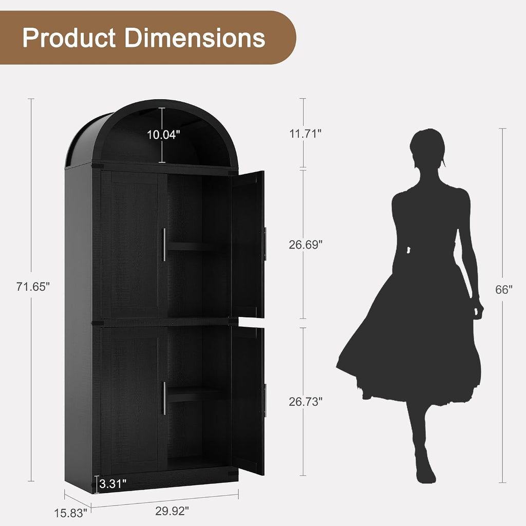 Takywep 71.6 Inch Tall Arched Pantry Cabinet with Doors, Farmhouse Storage Cabinet with Open Shelf and Metal Handles, 5 Tier Freestanding Bookcase for Kitchen Dining Room Living Room, Black