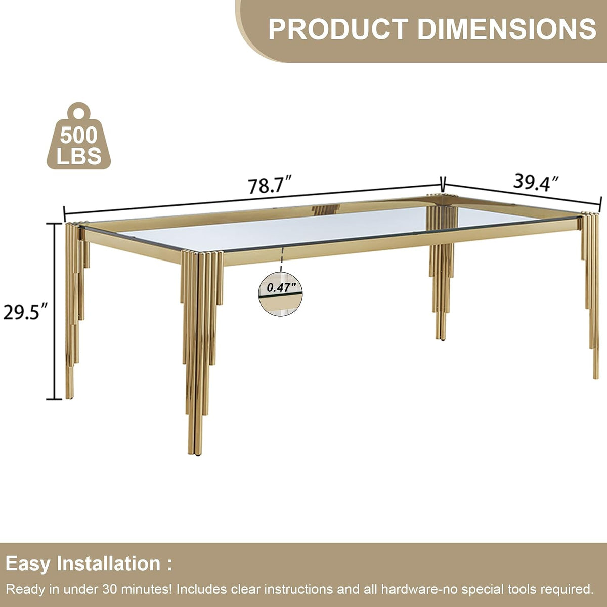 Rectangle Glass Dining Table, 81" Clear Tempered Glass Desktop with Gold Mirrored Stainless Steel Legs, Modern Elegance for 8-10 People, for Kitchen, Living Room, Office