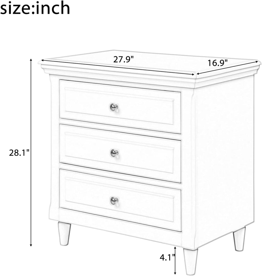 3-Drawer Nightstand for Bedroom, Storage Wood Cabinet, Simple Bedside Table, Living Room Sofa Side Table, Telephone Table, Easy-Pull Metal Glides, No Assembly Required, Long-Lasting, White