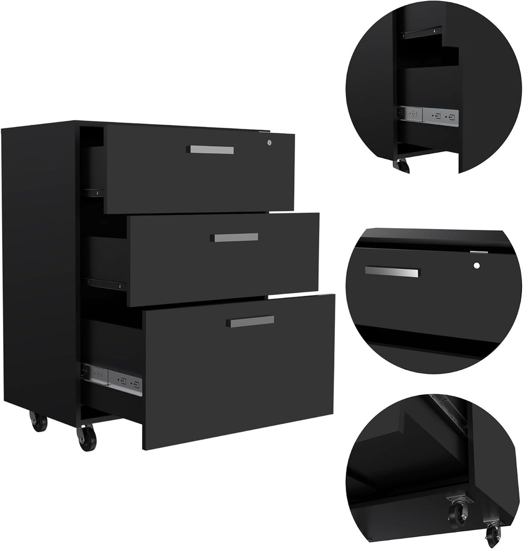 3 Drawers Storage Cabinet with Casters Lions Office, Black Wengue Finish