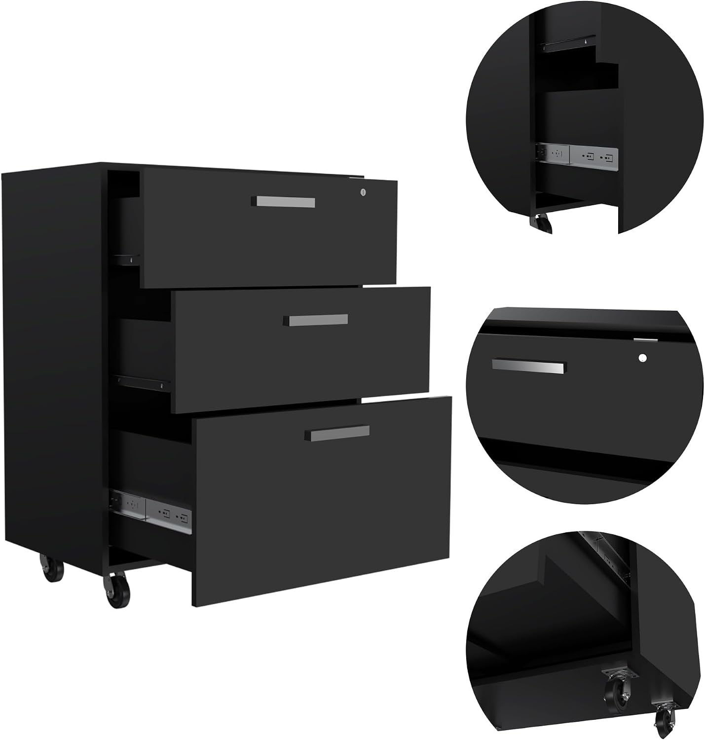 3 Drawers Storage Cabinet with Casters Lions Office, Black Wengue Finish