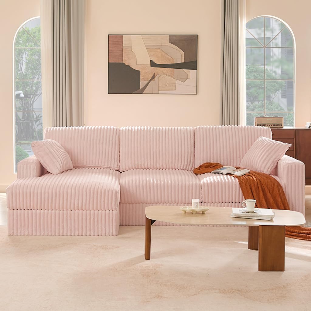 GOSUHI 113" L-Shaped Cloud Couch, Modular Sectional, Deep Seats, Pink | Pocket Spring Cushions, Oversized 3-Seater, Left Facing Chaise, Corduroy Upholstery Couches for Living Room