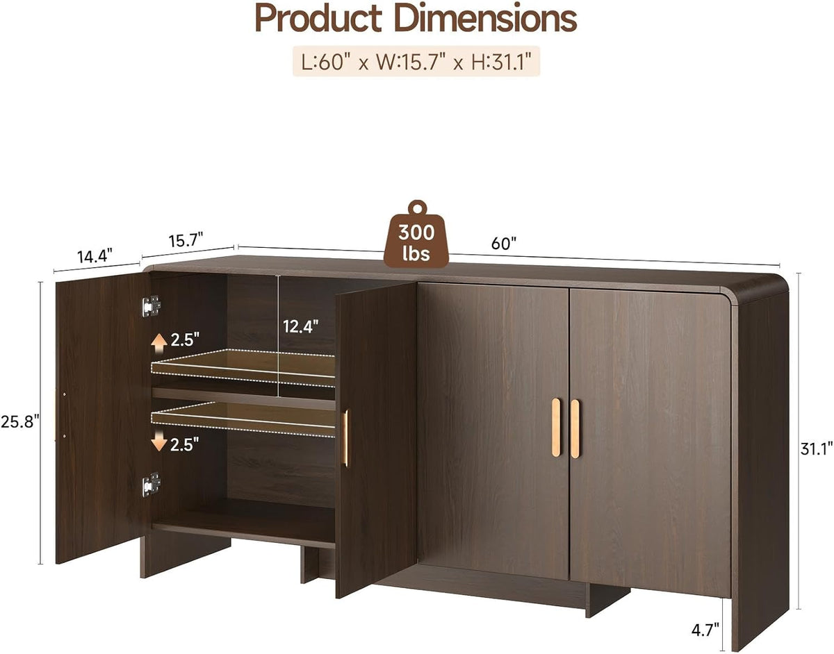 ONBRILL 60" Sideboard Buffet Cabinet with Storage, Curved Design Farmhouse Modern Coffee Bar Cabinet with 4 Doors & Adjustable Shelves for Living Room, Kitchen, Hallway, Walnut