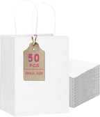 qiqee 50-Packs White Paper Gift Bags with Handles Bulk 8.3"x3"x 6" Small Size Paper Bags Multiple Uses(Small Size)