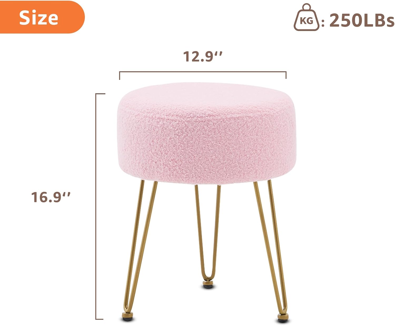 Vanity Stool, Teddy Velvet Ottoman Foot Stool, Dressing Table Seat with Metal Leg Vanity Chair for Bedroom, Living Room, Entryway, Offices