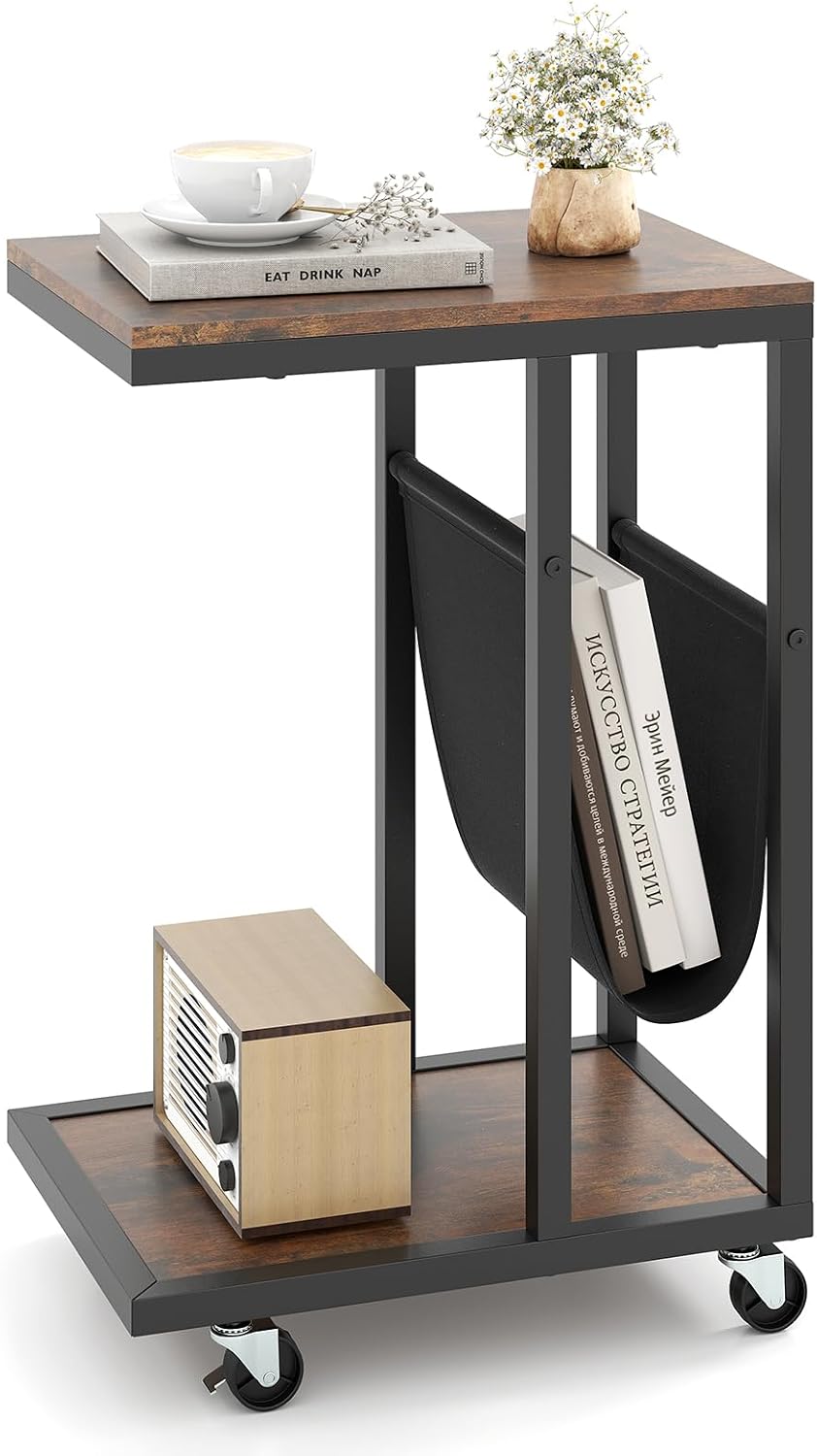 Tangkula Mobile C Shaped Side Table, 2 Tier Sofa Couch Table with Canvas Storage Pouch, Industrial End Table with Metal Frame & 360° Rolling Casters for Living Room, Bedroom
