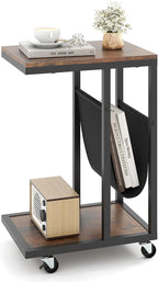 Tangkula Mobile C Shaped Side Table, 2 Tier Sofa Couch Table with Canvas Storage Pouch, Industrial End Table with Metal Frame & 360° Rolling Casters for Living Room, Bedroom