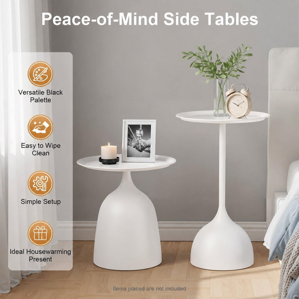 Nesting Side Tables Set of 2, White Iron Round Pedestal End Table | Metal Nesting Side Table Set, 15.75in Round Tray Top, Modern Sofa Table Accent Table for Living Room Bedroom Apartment