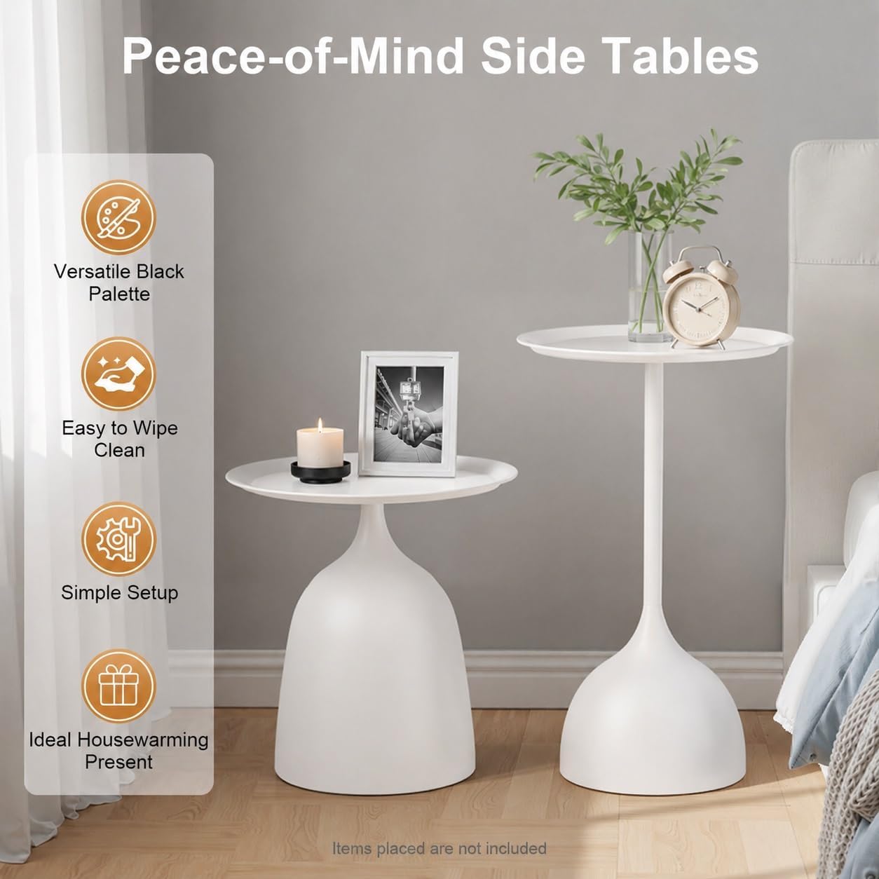 Nesting Side Tables Set of 2, White Iron Round Pedestal End Table | Metal Nesting Side Table Set, 15.75in Round Tray Top, Modern Sofa Table Accent Table for Living Room Bedroom Apartment