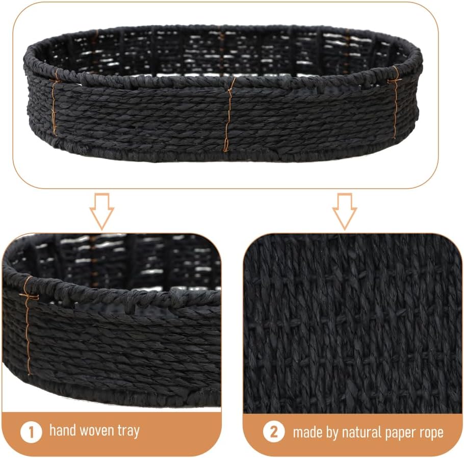 Small Handwoven Side Table 3-Tier Oval Storage Organizer, Wicker Shelf for Kitchen, Living Room, Bedroom, Balcony, Picnic, Portable Woven Rack (Black)
