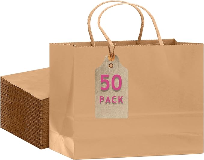 qiqee 50-Packs Brown Paper Gift Bags with Handles Bulk 12.6"x4.3"x10" Wide Large Size Party Favor Bags Multiple Uses
