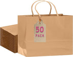 qiqee 50-Packs Brown Paper Gift Bags with Handles Bulk 12.6"x4.3"x10" Wide Large Size Party Favor Bags Multiple Uses