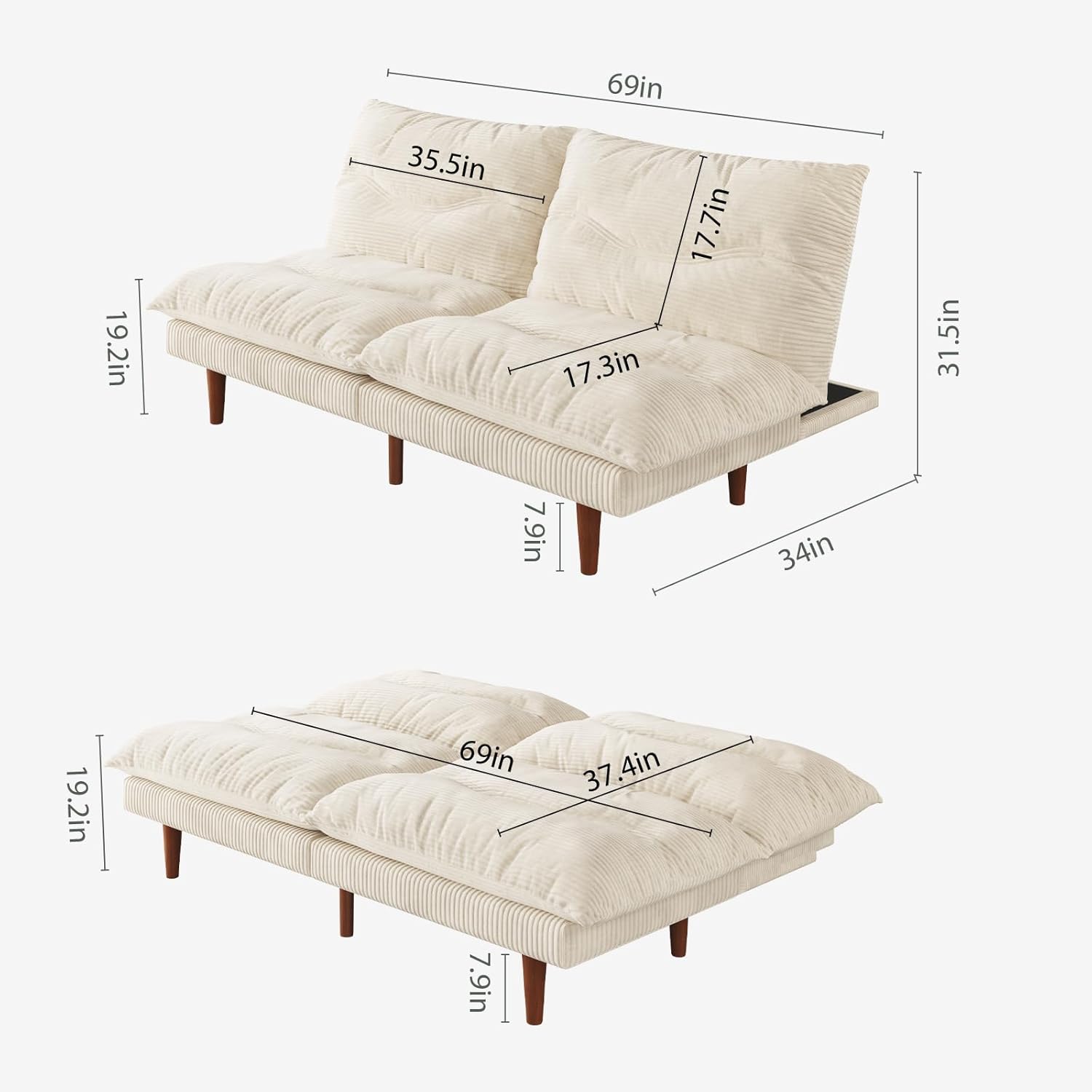 DreamDashio Futon Sofa Bed, 69'' Futon Couch with Adjustable Backrest, Folding Sleeper Recliner, Corduroy Convertible Sleeper Sofa Bed for Apartment, Living Room, Office, Beige