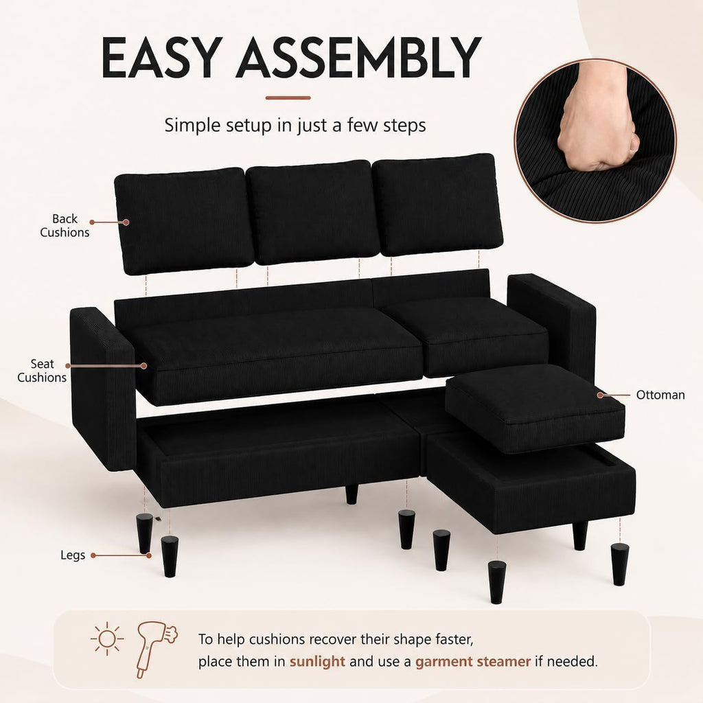 Nuturelly 73.6" L-Shaped Small Sectional Sofa with Ottoman, Black | Tool-Free Assembly, 3-Seater, Medium-Firm Foam+Springs, Pet-Friendly Microfiber, 5.9" Leg Clearance, Spot-Clean Only