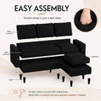 Nuturelly 73.6" L-Shaped Small Sectional Sofa with Ottoman, Black | Tool-Free Assembly, 3-Seater, Medium-Firm Foam+Springs, Pet-Friendly Microfiber, 5.9" Leg Clearance, Spot-Clean Only