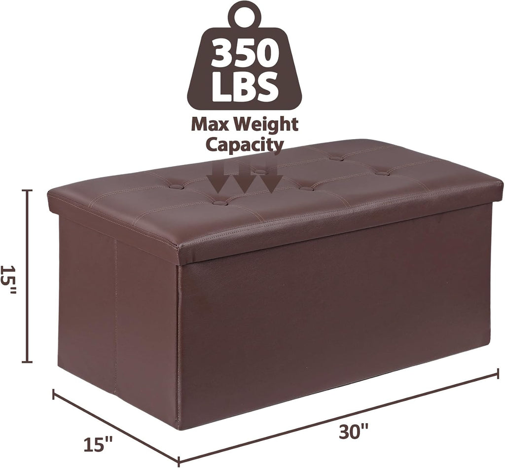 SUPER DEAL 30 inch Storage Ottoman, Faux Leather Folding Ottoman Bench, Padded Footrest, Entryway Seating Bench for Bedroom Living Room Entryway, Holds up to 660 lb, Brown