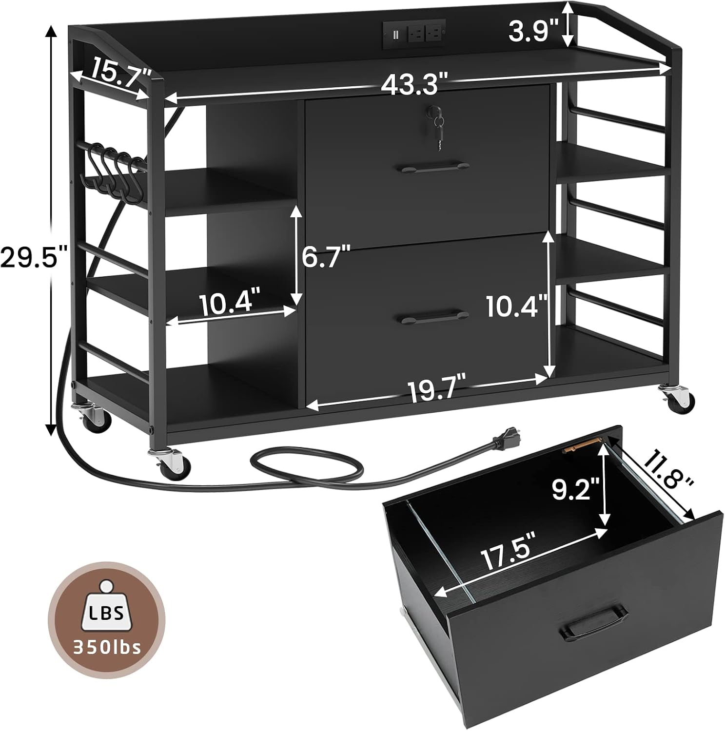 SEDETA 44" File Cabinet with Lock, Filing Cabinet fits Legal/Letter Size | Black Lateral 2 Drawer Filing Cabinets for Home Office with Lock, Power Strip, 6 Storage Shelves, Wheels and 4 Hooks