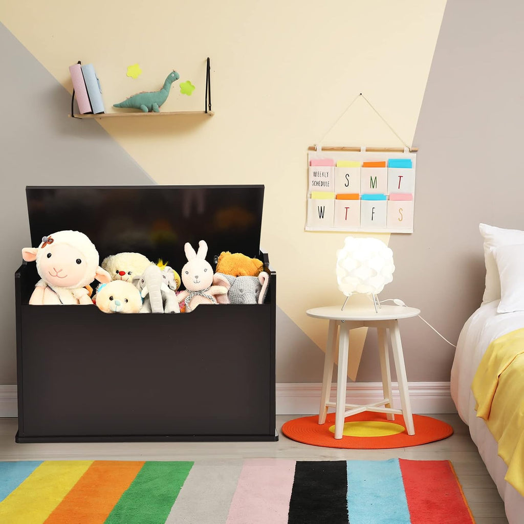 Costzon Modern Espresso Wooden Toy Chest with Bench Seat, Toy Storage Trunk Case, Finger-Pinch Prevention, Lift-Top Foot Rest Seat for Toddler Bedroom Playroom Entry