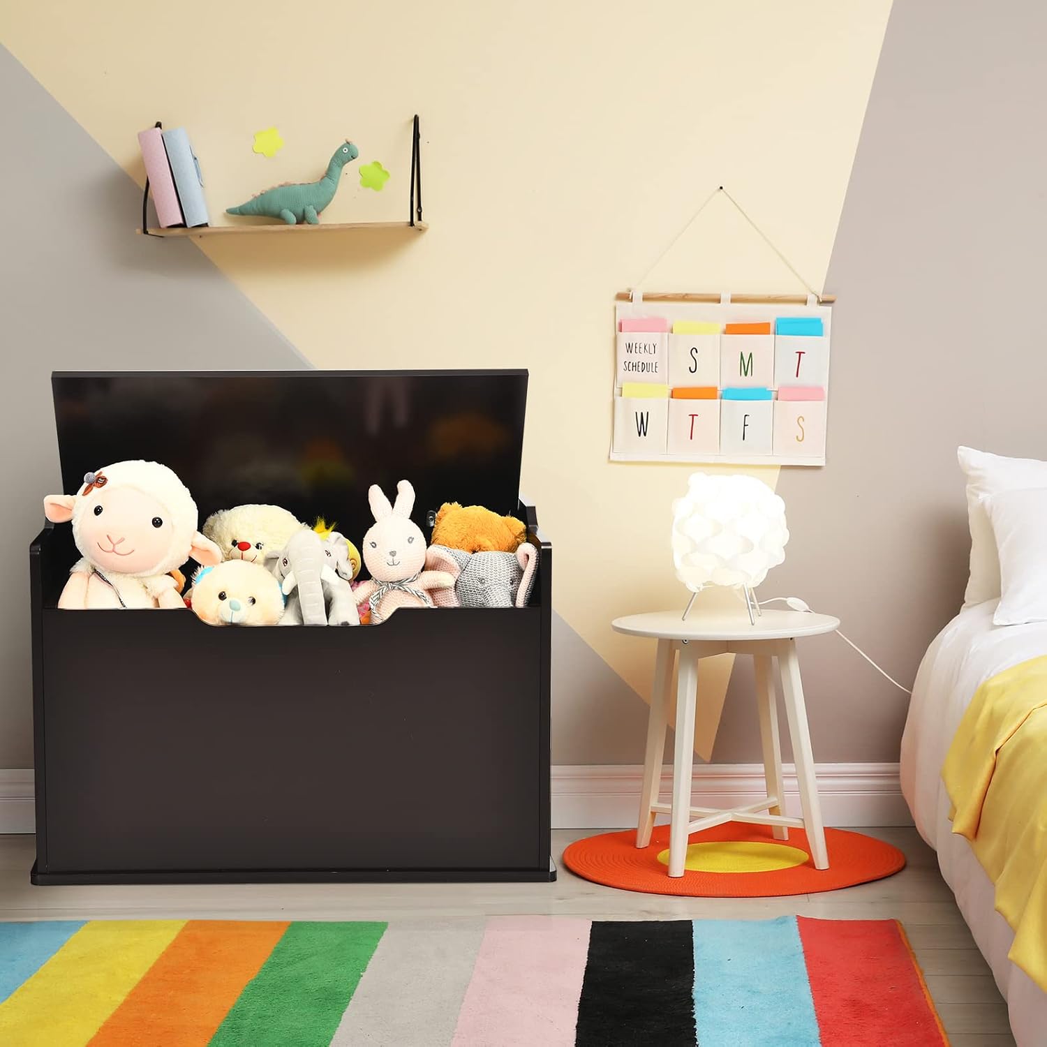 Costzon Modern Espresso Wooden Toy Chest with Bench Seat, Toy Storage Trunk Case, Finger-Pinch Prevention, Lift-Top Foot Rest Seat for Toddler Bedroom Playroom Entry