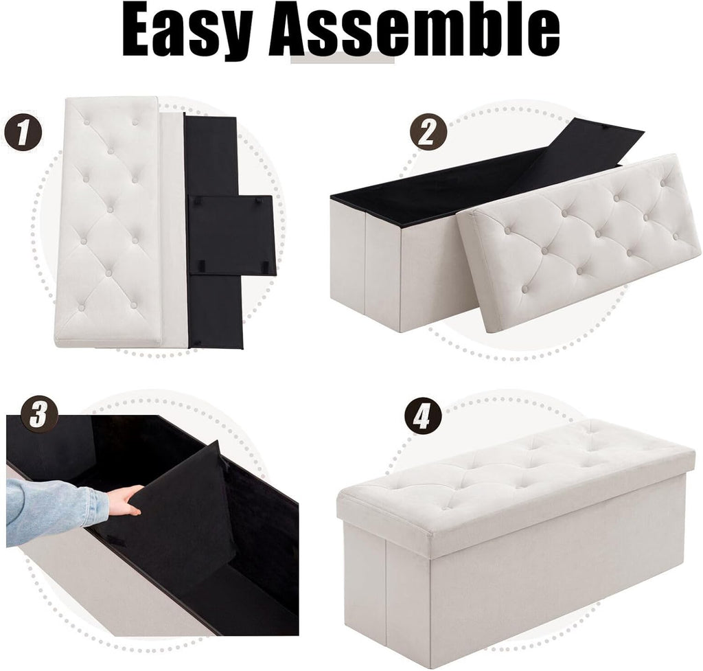 BRIAN & DANY 43 Inches Folding Storage Ottoman Bench, Velvet Ottoman with Storage for Living Room, Bedroom, Entryway, Ottoman Foot Rest, End of Bed Bench (White)