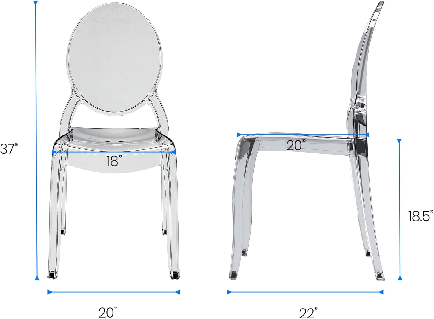 Fohfurniture Large 20" Seat Ghost Chairs Set of 4, Modern Acrylic Accent Dining Chairs, Kitchen and Restaurant Chairs, Circle-Back Armless Stackable Chair for Events, Weddings, Banquets Smoke Grey