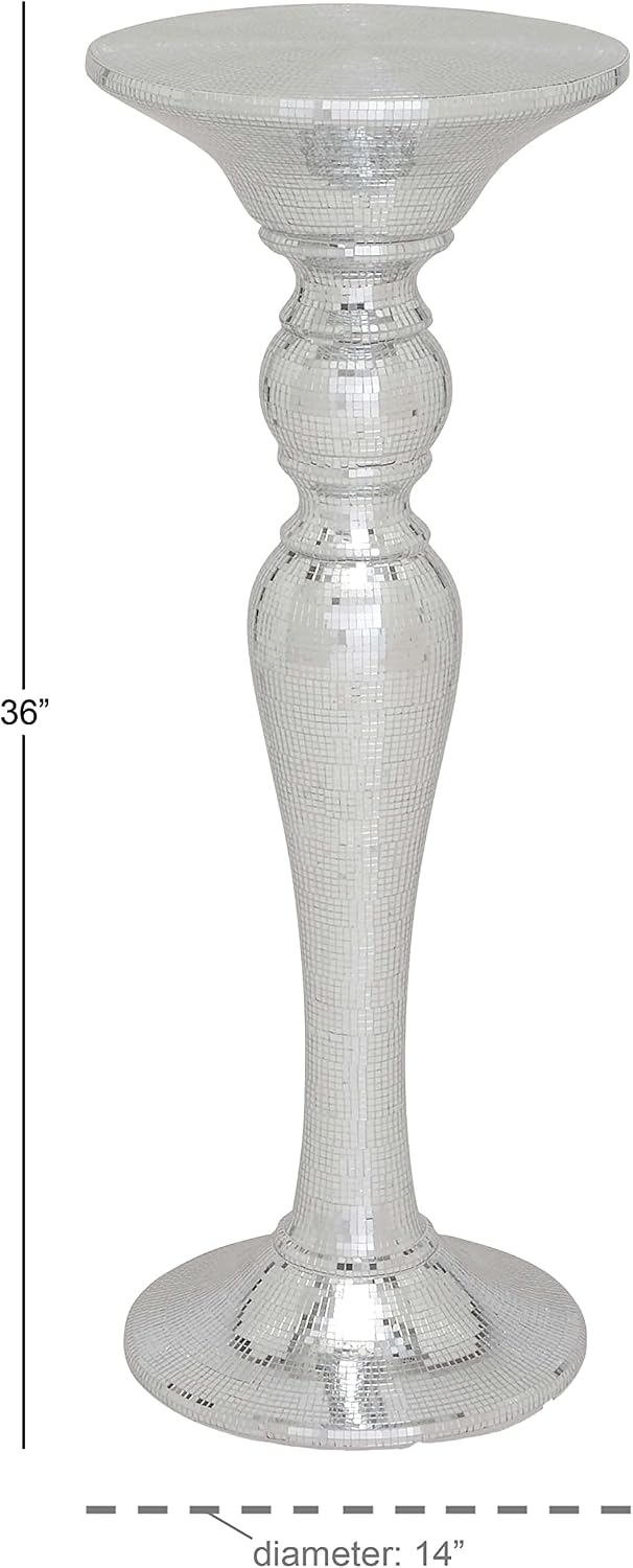 Deco 79 Polystone Round Pedestal Table with Mosaic Mirror Inlay, 14" x 14" x 36", Silver
