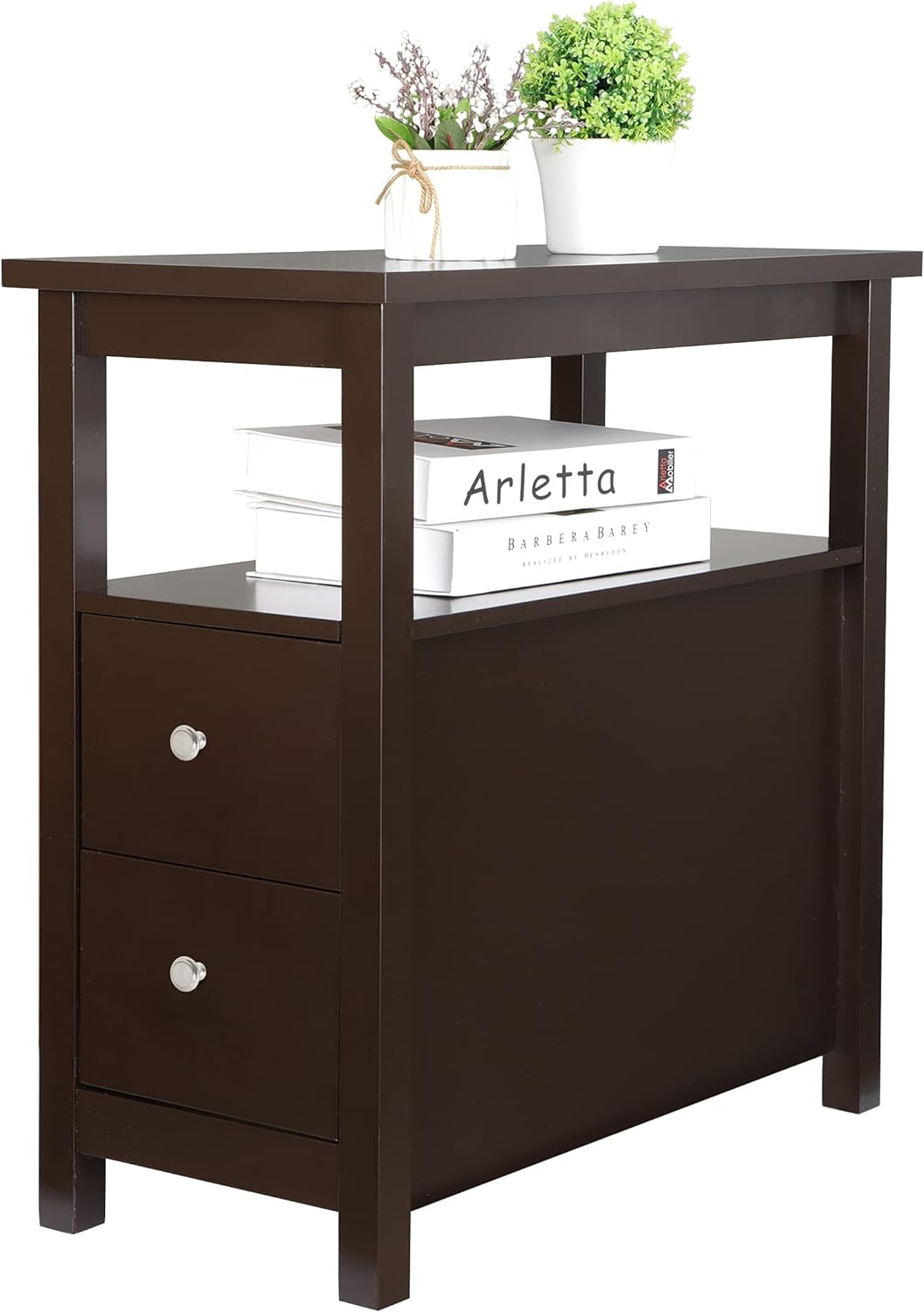 Nouva End Table - Side Table Narrow Nightstand with 2 Drawers and Open Shelf, Bedside Accent Table for Small Space Living Room Bedroom,Espresso