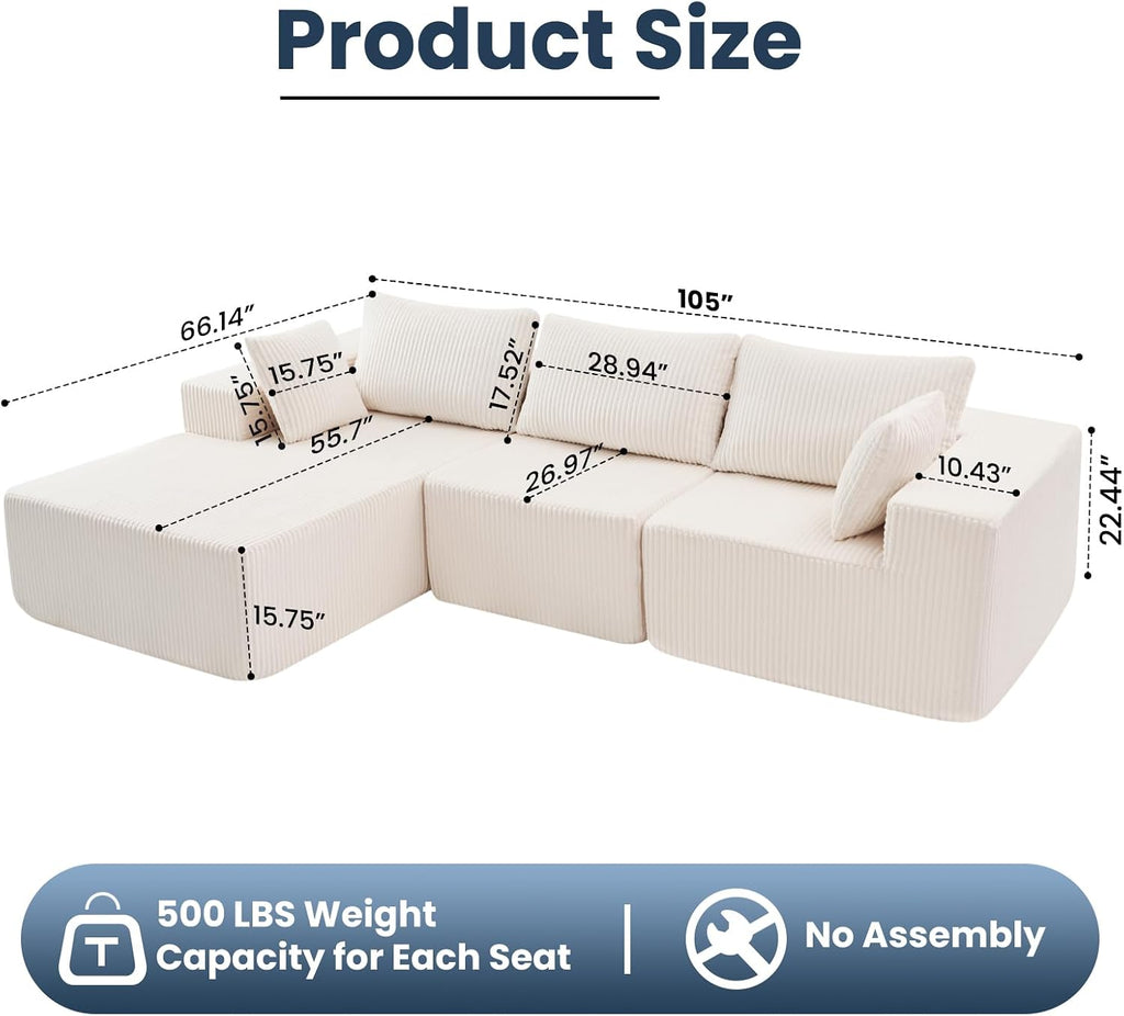 DUMOS 105" L-Shaped Sectional Couch, Left Facing Chaise | Upholstered Corduroy Sofa with 55.7'' Deep Seat for Living Room, Small Apartment, No Assembly in a Box, Beige