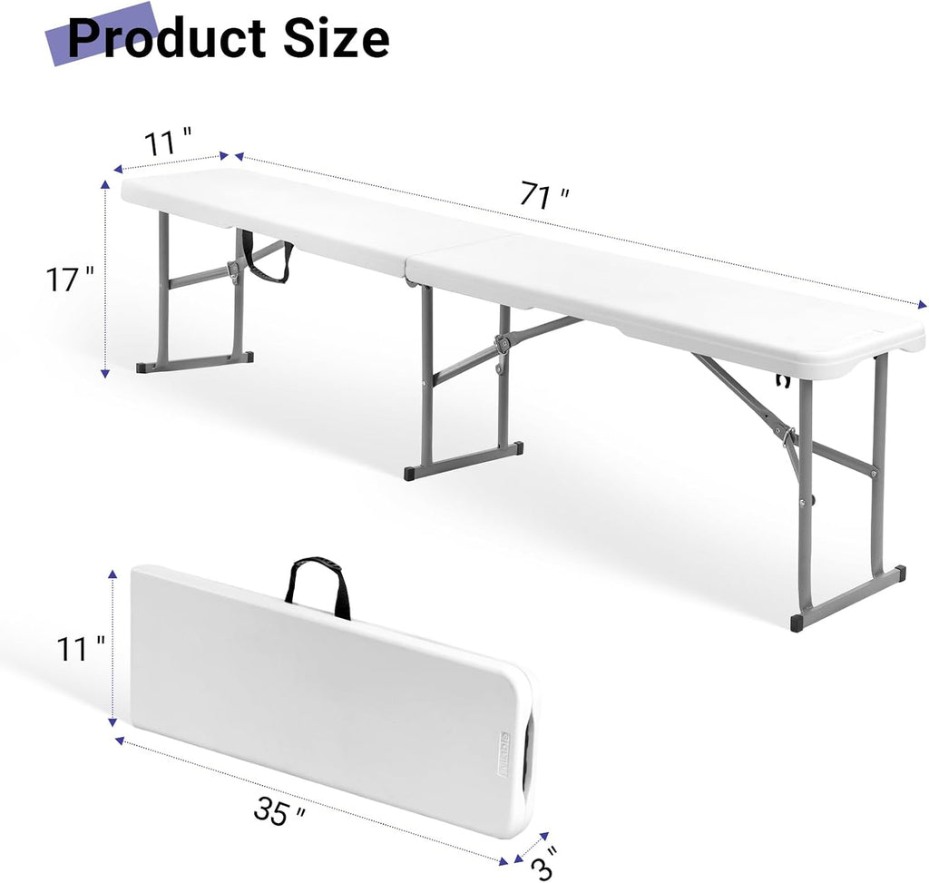 Folding Bench 6ft,Portable Plastic Bench Seat with Handle,White,2 Pack | Heavy Duty HDPE,Powder-Coated Steel Legs,Strong Weight Support,Indoor Outdoor for Parties,Gatherings,Dining,Camping,Events