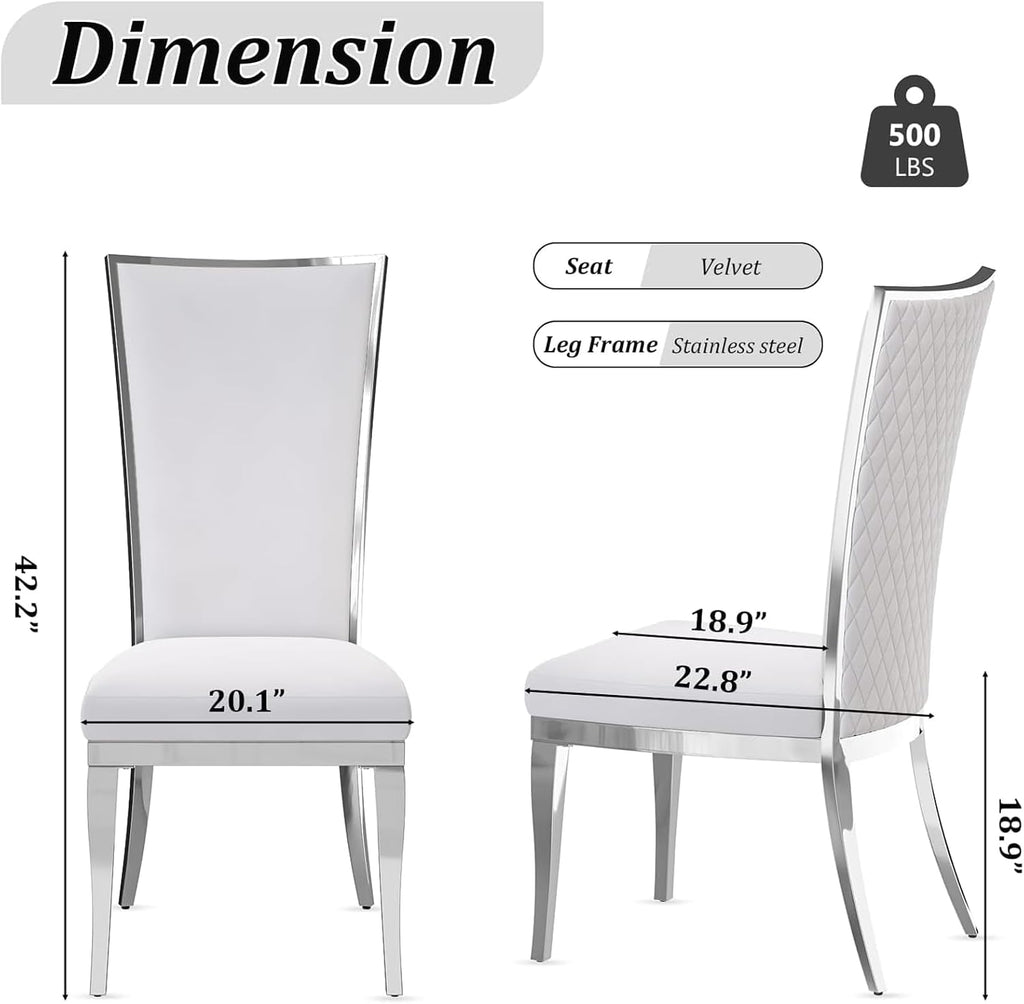 AUZ White and Silver Dining Chairs, Modern Velvet Upholstered Dining Room Chairs with High Back and Mirrored Metal Legs for Restaurant Kitchen, Set of 2